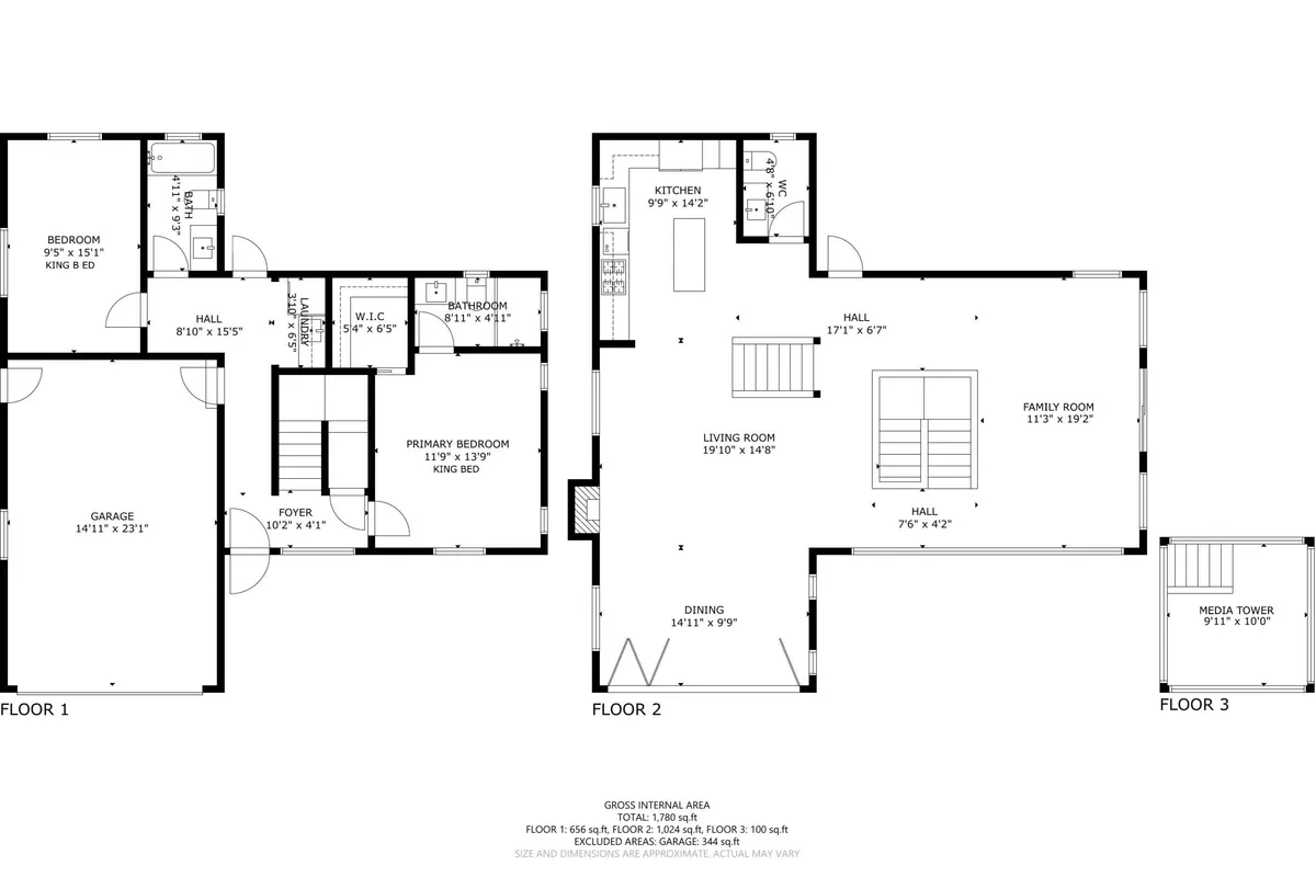 A wide view of interconnected interior spaces, including the kitchen, living room, dining area, family room, and primary bedroom. The scene is warm and inviting, ideal for gatherings and relaxation, with thoughtful layout supporting ease and comfort.